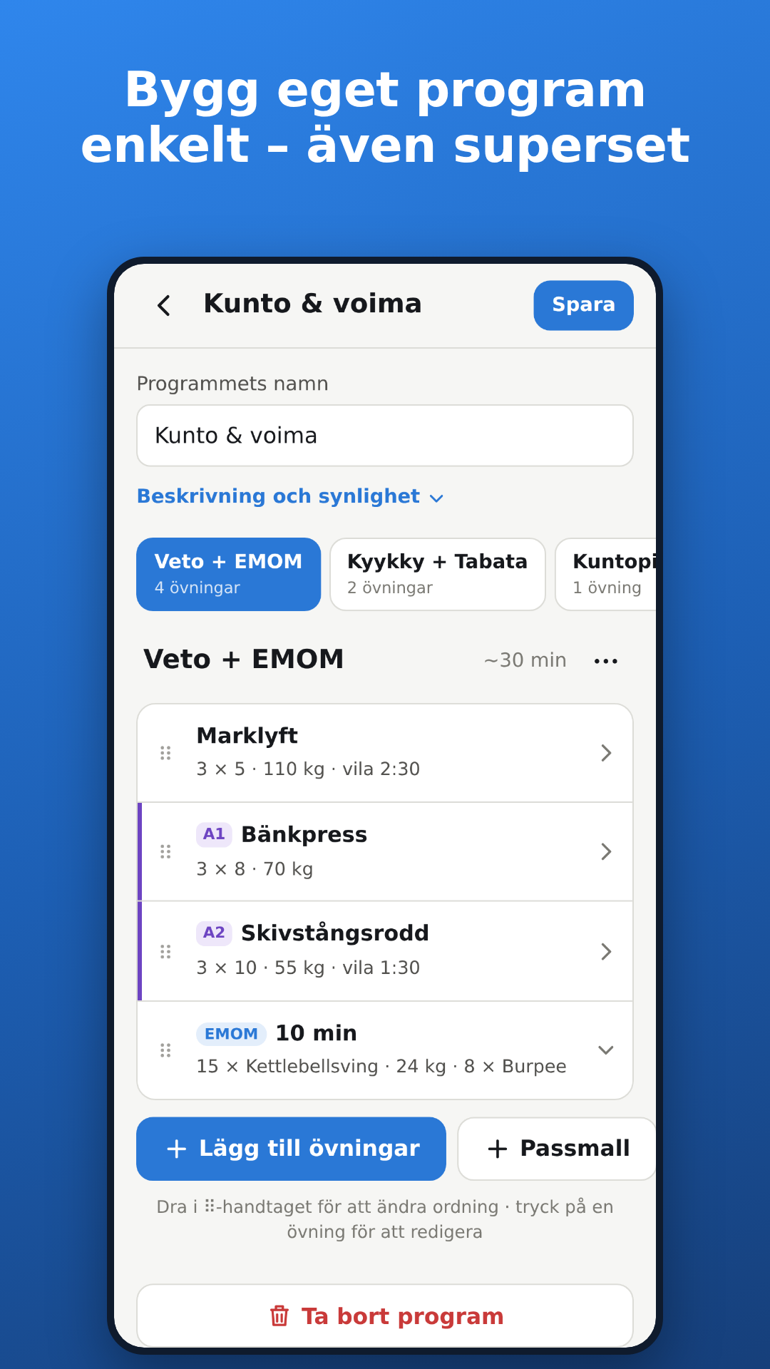 Bygga ett program: övningar, set och supersets