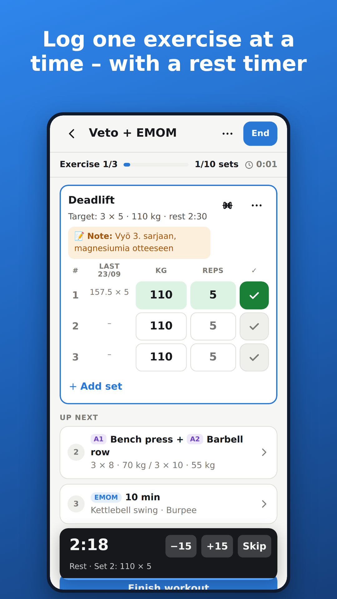 Logging a workout: sets, kilograms and reps with a rest timer